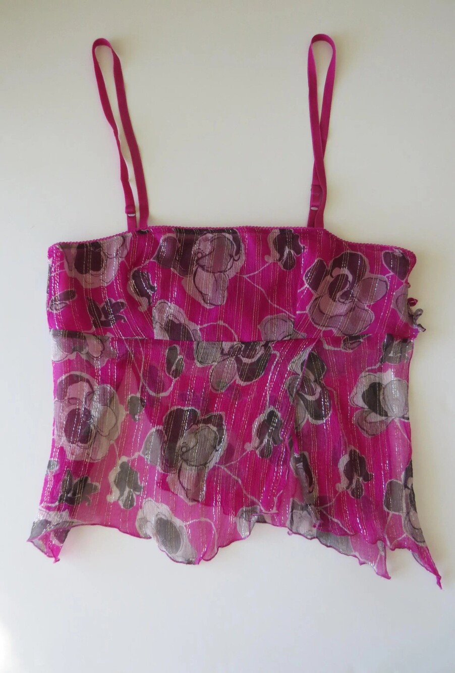 Vintage Benetton Silk Cami, 2000s Fuchsia Floral Chiffon Top, Metallic Lurex, Ma